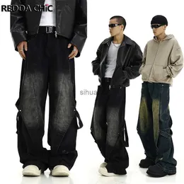 Herren-Jeans, Reddachic-Gürtel, dekonstruierte Gepäck-Jeans, Herren-Retro-Waschung, beschädigt, gespleißt, gerade, lässige Hose mit weitem Bein, Y2k-Straßenanzug, L2403