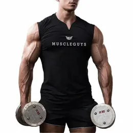 Muscleguys varumärke Gymkläder V Neck Compri ärmskjorta Fitn Mens Tank Top Cott Bodybuilding Tankop Workout Vest S6BR#