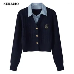 Kvinnors stickor 2024 Spring Autumn Preppy Style Badge broderi Sticked Cardigan Women Single Breasted Fake Two Pieces Långärmad tröja