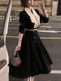 أنيقة 2 قطعة فستان مجموعة النساء الطويل الأكمام قمم المحصول غير الرسمي الأسود MIDI تنورة الخريف النحيف مكتب سيدة بدلات كورية 240323