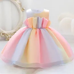 Платья для девочек, красочные розовые нарядные платья для маленьких девочек, бант для малышей, свадебные костюмы принцессы для детей 1 года, костюмы подружек невесты на день рождения