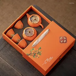 Teaware set keramiska persimmon ruyi te set presentlåda kan kopp