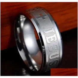 Band Rings 50Pcs Gold Black Sier Etched Jesus Stainless Steel Cross Mens Quality Comfort Fit Fashion Relius Wholesale Drop Delivery Je Dhbkw