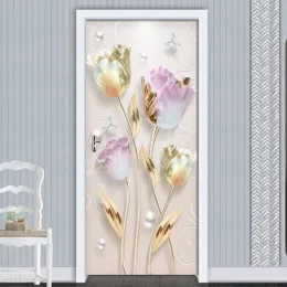 Наклейки Новые Современные Тисненые Цветы Тюльпана Дверные Наклейки Фреска ПВХ Самоклеящиеся 3D Обои Для Гостиной Спальня Дверь Декор Наклейки