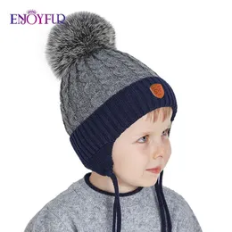 ENJOYFUR Warm Winter Baby Knitted Hats Real Fur Pompom Fleece lined Boy Caps Cute Thick Kids Elastic Earflap Outdoor Ski Beanies 240309