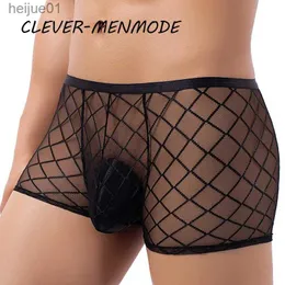 Cuecas Calcinhas Mens sexy transparente renda roupa interior peixe net transparente boxe shorts respirável baixo aumento roupa interior roupa exótica conjunto de malha C24325