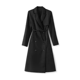 2024 스프링 검은 색 단색 허리 벨트 드레스 긴 소매 V- 넥 버튼 더블 브레스트 캐주얼 드레스 W4M016112