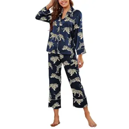 Brosloth kvinnors siden satin pjs sätter söt tiger mönster två bit loungewear set -knapp upp pamas sömnkläder svart