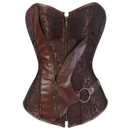 bustiers corsets plus size steampunk corset القوطية الشرير البني البني الزعتر الجلدية corselet zip burlesqu