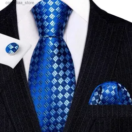 Krawatten Krawatten Luxus Blau Silber Karierte Krawatte für Herren Krawatte Taschentuch Manschettenknöpfe Set Hochzeit Business Party Gravata BarryWang 6342 Y240325