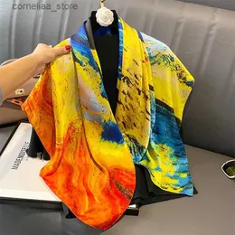 Bandanas Durag Sclves 2023 New Print Silk Satin Satin Musin Musin Luxury 90cm Shawl Wrapeerchief Female Engle echarpe Bandana Hejab Head Scarve Gift Y240325