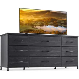 9 Çekmeceli Enteomee Dresser Stand Eğlence Merkezi, Medya Tablo 60 '' Yatak Odası için TV Konsolu, Sağlam Metal Çerçeve Ahşap Top, Oturma Odası,