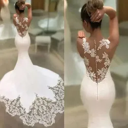 Illusion Back Sexy Wspaniałe koronkowe aplikacje syreny ślubne Sukienki Niezwykłe V szyfry Trąbek Trąbe Suknie ślubne