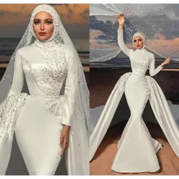 2022 muçulmano sereia vestidos de casamento com trem destacável cetim frisado vestidos de noiva pérolas hijab feito sob encomenda robes de marie bes121