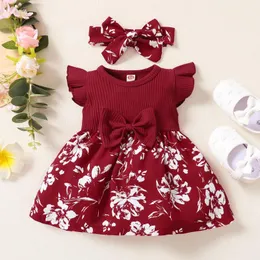 Mädchen Kleider Baby Mädchen 2 Stücke Strampler Kleid Outfits Prinzessin Sommer Schöne Kinder Fly Sleeve Bow Floral Overalls Stirnband Kleidung Set