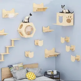 Scratchers 1 peça gato montado na parede de madeira escalada playground escada e plataforma de salto jogando poste de arranhar para garras de moagem de gato
