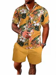 Men'a İlkbahar ve Sonbahar 2 Parlak Plaj tarzı Kısa Kollu Popo-Down Lapel T-shirt Şortları Çizim Sıradan Busin Sports Suit P2N4#