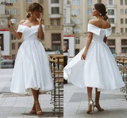 Современные белые атласные свадебные платья трапециевидной формы, сексуальные плиссированные платья больших размеров в стиле бохо, простые плиссированные короткие платья длиной до чая, короткие халаты для невесты CL3416