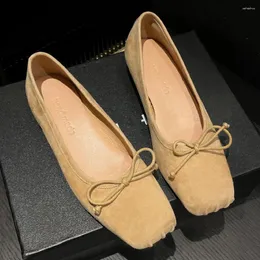 Casual Shoes Women's Natural Suede Leather Square Toe Slip-On Ballet Flats Sweet Bowtie Female Ballerians Soft Comfort for Women