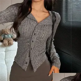 Womens Knits Tees Y2K Knitted Cardigan Women Collar Sweater Coat Vintage Long Sleeve Single Breasted Top Autumn Fashion Girls Drop Del Otqzx