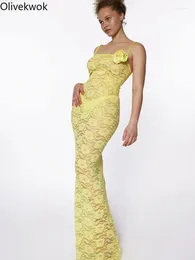 캐주얼 드레스 Olivekwok Women Lace See Spaghetti Strap Bodycon Midi Maxi Dress 2024 SECLY Clubwear Party 저녁