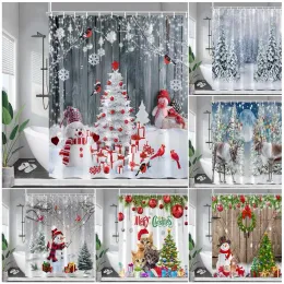 Cortinas engraçado boneco de neve natal cortinas de chuveiro árvore de natal corda bolas cedro inverno floresta neve cena feriado pano cortina do banheiro decoração