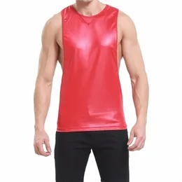 Sexy Mens Tank Tops Sleevel Undershirts Couro Falso WetLook Stage Dance Clubwear Masculino Boate Camisa Muscular Casual Homens Colete 759g #