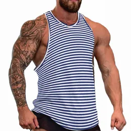 Klasik Stripes Tank Top Lacivert ve Beyaz Erkekler Tam Baskı Üstleri Egzersiz Sokak Giyim Kollu Gömlek W6XW#