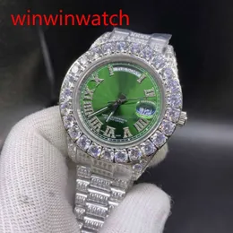 Herr Hip Hop Watch Prong Set Diamond Watch Silver Rostfritt stål Fodral Rem Grön ansikte Automatisk mekanisk klocka 43mm304p