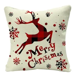 2024 Linen Red Scottish Plaid Christmas Cushions Case Reindeer Trees Snowflakes Print Christmas Decorative Pillows for Sofa Couch Bed