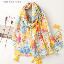 Bandanas Durag Bandanas Durag Yitao Scarf Tropical Plant Flower Beige Bright Cotton and Linen Feel Herringbone Beach Towel Hanging Tassel Shawl for Women Y240325