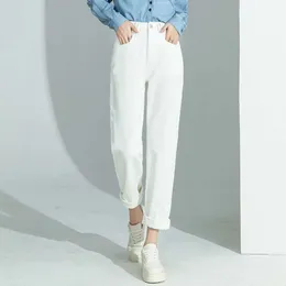 Calça jeans harlan branca curta para mulheres no outono de 2023, nova calça de cintura alta feminina grande cenoura pai