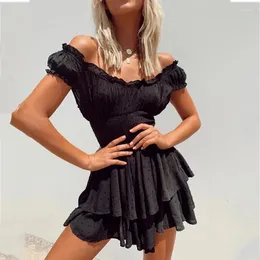 Parti Elbiseleri Foridol Polka Dot Dobby Yaz Siyah Elbise Omuz Fırfır Katmanlı Kısa Mini Plaj Vintage Sevimli Vestidos 2024