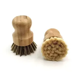 Wooden Round Pot Wash Mini Palm Dish Natural Scrub Brush Durable Scrubber Short Handle Cleaning Dishes Kitchen Kit ber es