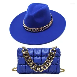 Berets Ladies Classics Solid Fedora Hats With Gold Chain And Women Crossbody Bags Handbags Match Set