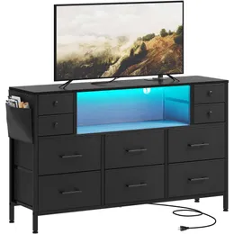 YITAHOME Charging Station, Stand 55'' TV, 10 Dresser Bedro, Media TV Console Table with Side Pockets & Hooks, Storage Fabric Drawer Unit for