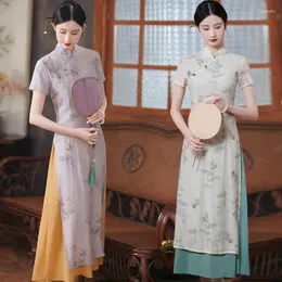 민족 의류 2024 Summer Spring Qipao 중국 스타일 드레스 개선 된 AO Dai 분할 A- 라인 Cheongams Mandarin Collar restidos