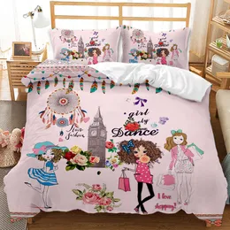 Cartoon Girls Bedding Set Queen Duvet Pink Flower Comberter Zabawne animowane postacie doodle poliester kołdra okładka