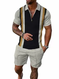 2023 Nya mäns shorts Set Sleeve Zip Polo Shirt Street T-shirt Tvådelat avslappnad sportkläder Ropa Hombre S4CD#