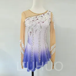 Liuhuo Anpassa färger Figur Skating Dress Girls Teens Yek Skating Dance Kirt Kvalitet Crystals Stretchy Spandex Dancewear Ballet Purple Gradient BD7024