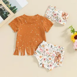 Kleidungssets Geborenes Säuglingsbaby Mädchen Westernkleidung Wildes Haar Don T Care Highland Cow Kurzarm Quasten T-Shirt Tops Blumen Shorts