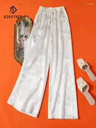 Women's Pants Birdtree 45mm Real Silk Elegant For Women Vinatge Jacquard Casual mångsidig bred ben 2024 Spring B43747QC