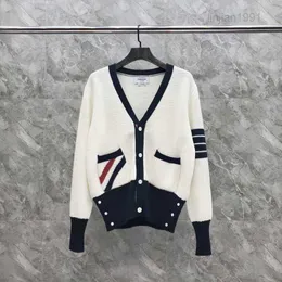 TB pocket red white and blue three color cardigan with blue four stripes off white wool long sleeves paired with unisex cardigan