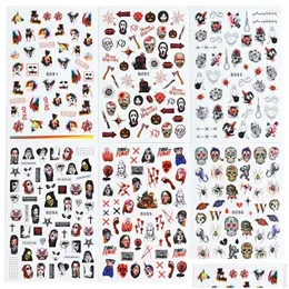 Stickers Decals Nail 12 Pcs 3D 2023 Halloween Pattern Diy Self-Adhesive Scareat Joker Design Nails Art 9.5 7.5Cm Drop Delivery Health Dhyrn