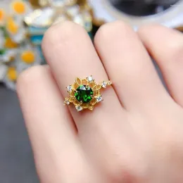 Cluster Rings Solid 925 Silver Diospide Ring 6mm 0.8ct Natural Chrome Diopside Jewelry Keep Shining 3 Layers 18K Gold Plated Gemstone