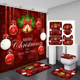 الستائر ميرا عيد الميلاد 3D طباعة دش الستار البوليستر مقاوم للماء الجرس الأحمر الأرضية الحصير مجموعة ملحقات الحمام