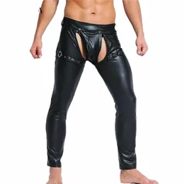 mens Pants PU Leather Trousers Gothic PVC WetLook Party Night Stage Dance Clubwear Male Lg Trousers Frt Open Sweatpants w9UZ#