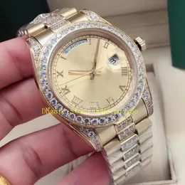 18 Stil Kutu Erkekleri 18k Sarı Altın Saatler Erkekler 40mm Şampanya Roman Dial Tate Çember Sarı Altın Elmas Çerçeve Bezel Bilezik 193b