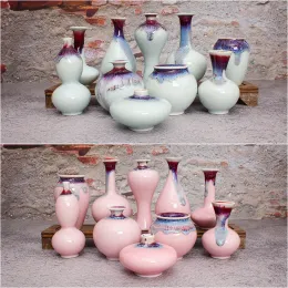 Vasen, kleine Keramikvase, Eisriss, ofengebacken, rosa Seladon-Glasur, grau, frisch, Kunsthandwerk, Ornamente, Florero, Heimdekoration, Raumdekoration, Dekoration