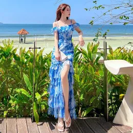 Party Dresses Sexy Spaghetti Strap Off-shoulder Women's Slash Neck Slim Waist Slit Long Dress Summer Beach Casual Holiday Sundress